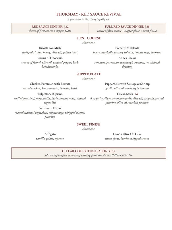 Menu for Thursday Red Sauce Revival dinner with choices for first course, supper plate, and sweet finish.