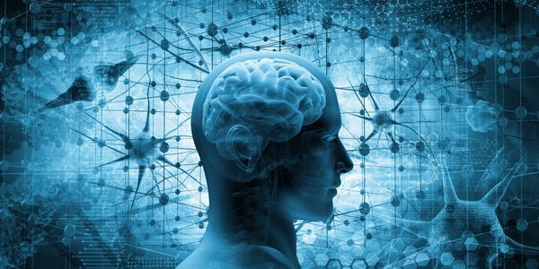 Digital illustration of human brain with neural network and DNA strands.