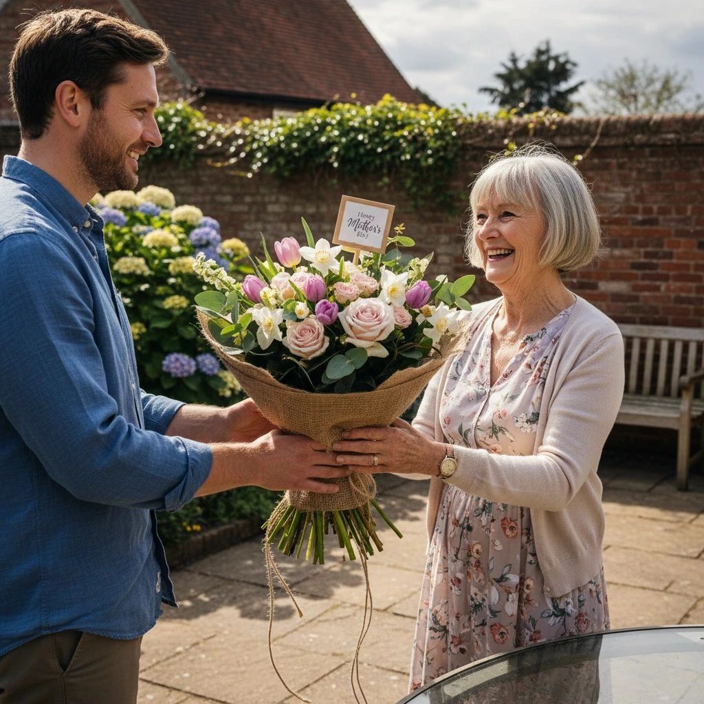 A man happily gives a bouquet to an elderly woman outdoors.