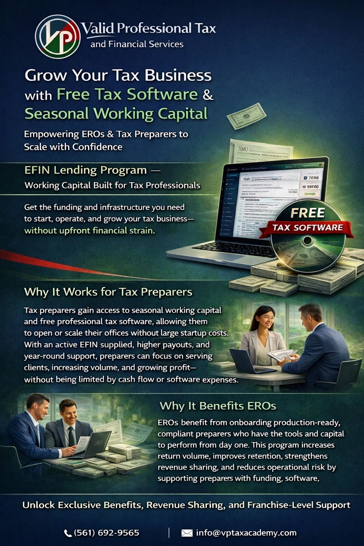 Advertisement for Valid Professional Tax offering free tax software and seasonal working capital to grow tax businesses.