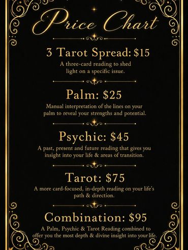 Elegant dark-themed price chart for tarot and psychic readings with gold decorative accents.