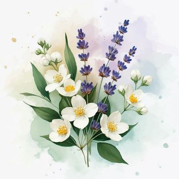 Watercolor painting of white and purple flowers with green leaves.