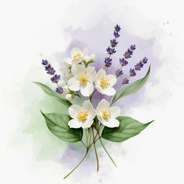 Delicate white and purple flowers with green leaves on a soft watercolor background.