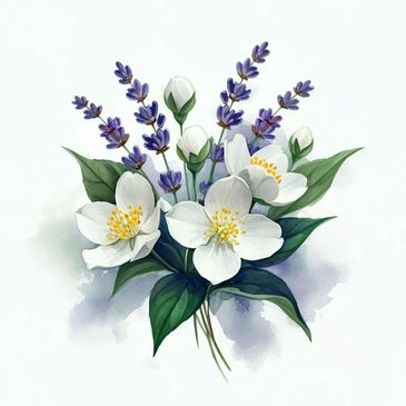 Watercolor bouquet of white and purple flowers with green leaves.