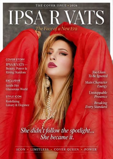 A glamorous woman in red on the cover of IPSA R VATS magazine, 2026.