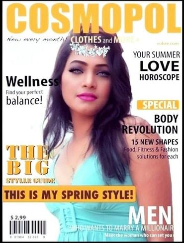 Woman on a vibrant Cosmopol magazine cover featuring wellness and style tips.