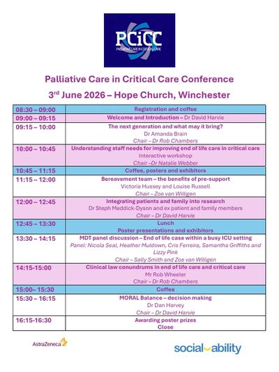 Schedule for Palliative Care in Critical Care Conference on June 3, 2026, at Hope Church, Winchester.