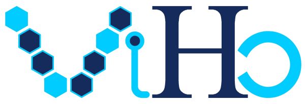 Logo con elementos hexagonales y letras estilizadas.