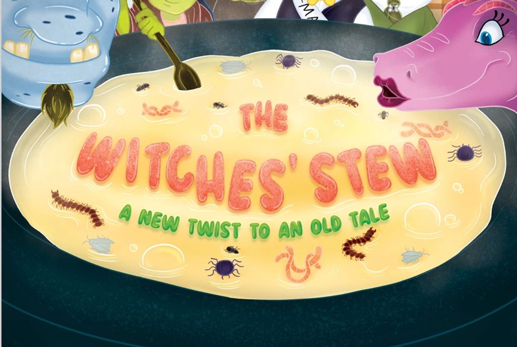 Colorful witches brew a spooky stew with creepy crawlies in a cauldron.