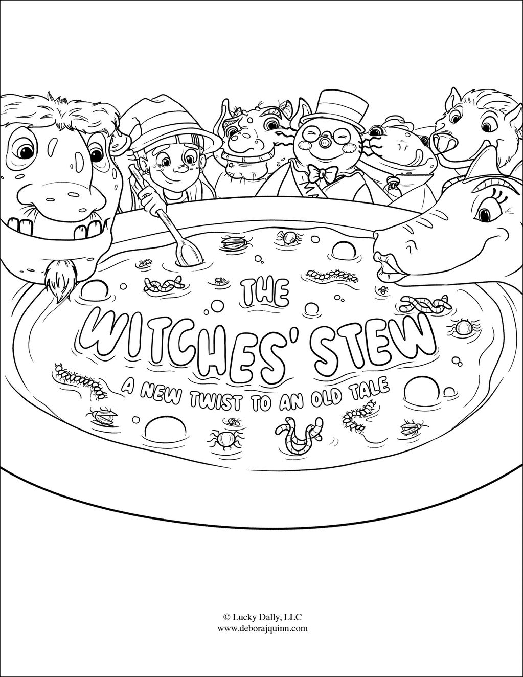 Characters gather around a bubbling witches' stew with creepy ingredients.