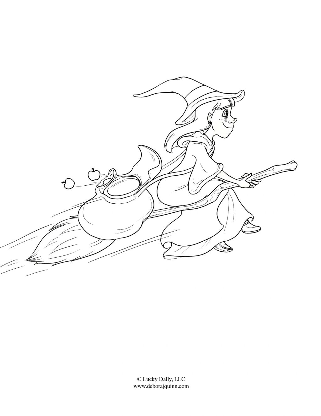 A young witch flying on a broomstick with a bag and apples.