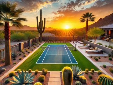 Arizona Sunset and backyard landscaping with a pickleball court