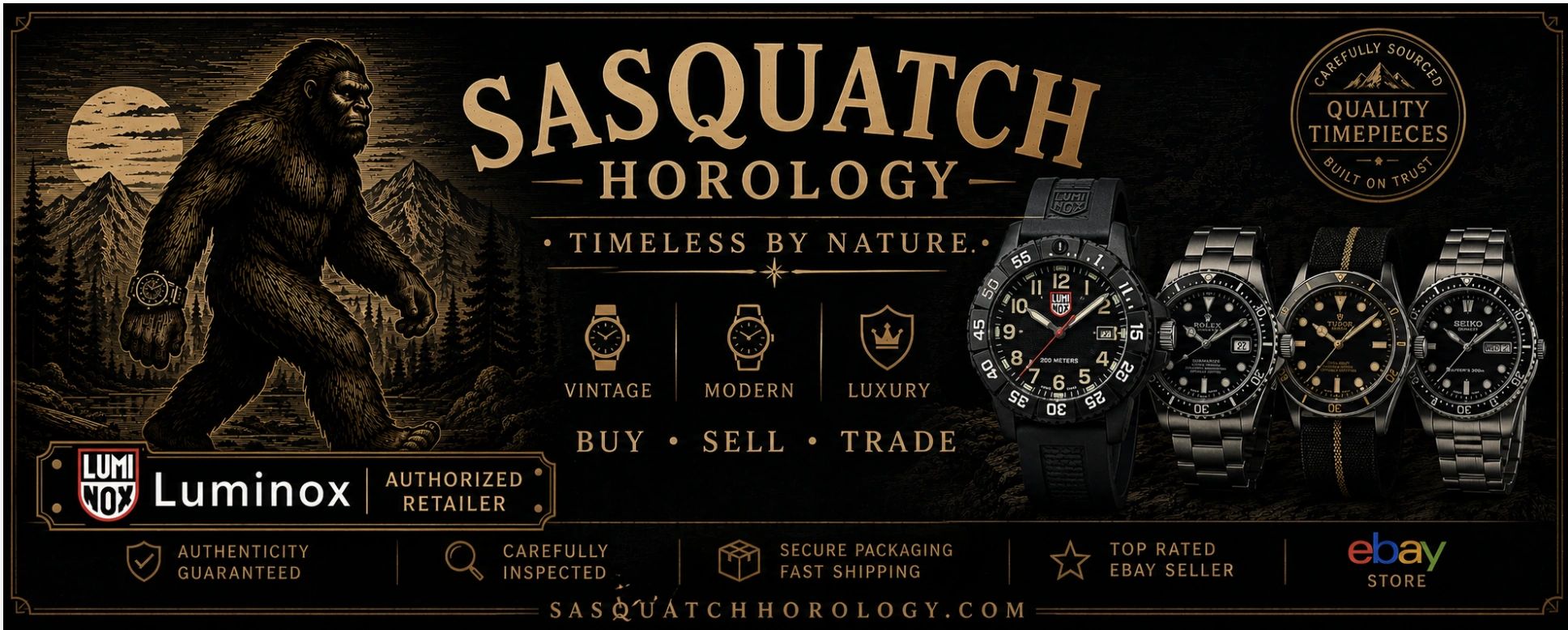 Sasquatch Horology ad featuring luxury watches and a bigfoot figure.
