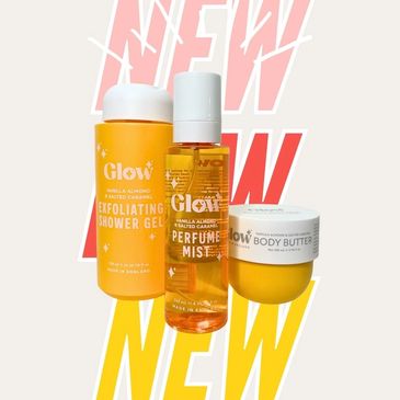 Three Glow skincare products with vibrant yellow packaging.