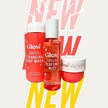 Three Glow brand skincare products with cherry bomb scent against a colorful background.