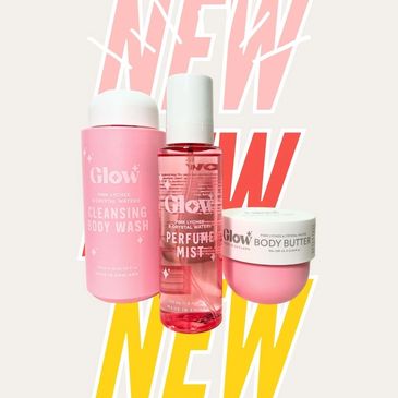 Pink Glow skincare products including body wash, perfume mist, and body butter.