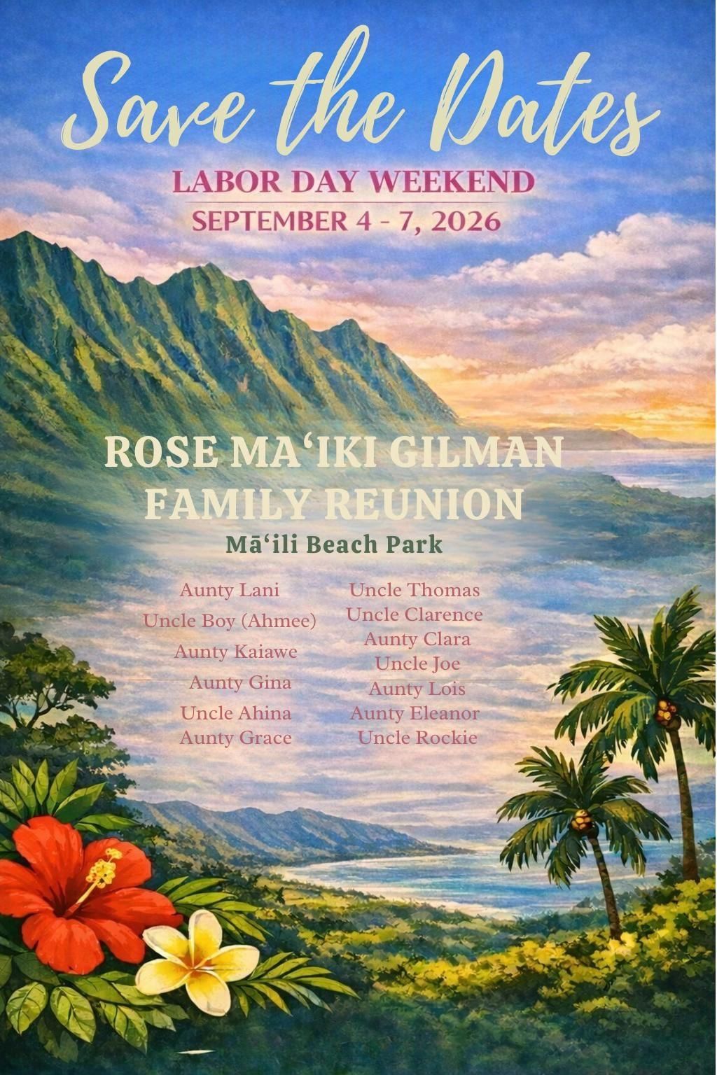 Invitation for Rose Ma'iki Gilman family reunion at Mā'ili Beach Park, Labor Day weekend 2026.
