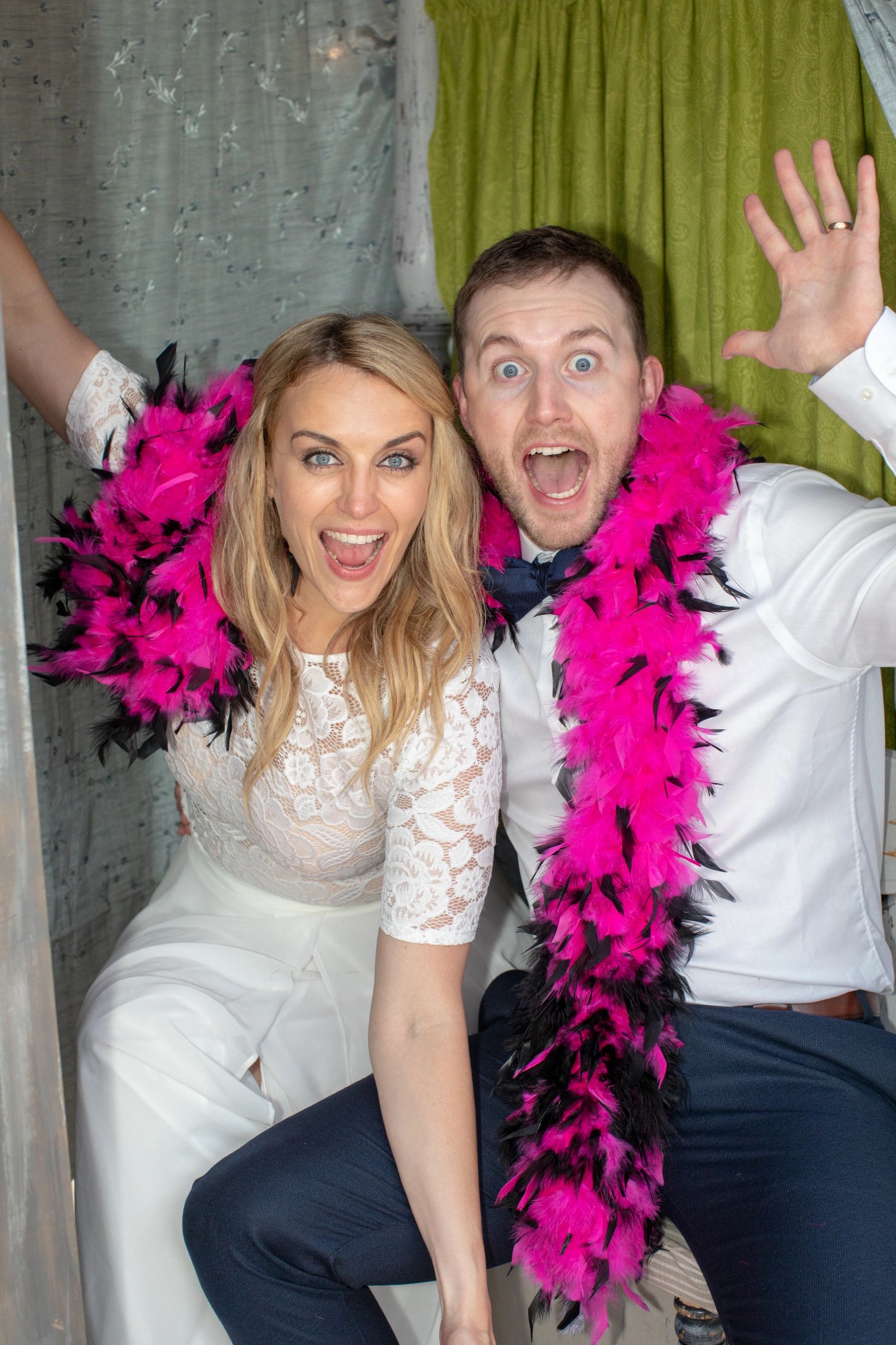Couple wedding photo in cabin booth