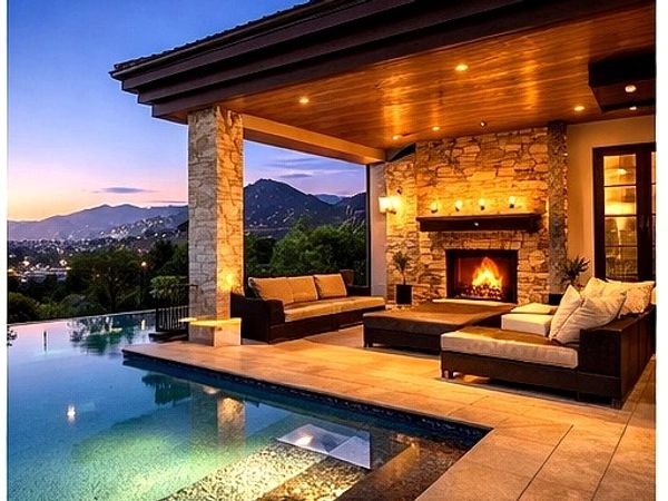 Cozy outdoor patio with fireplace and infinity pool at sunset.