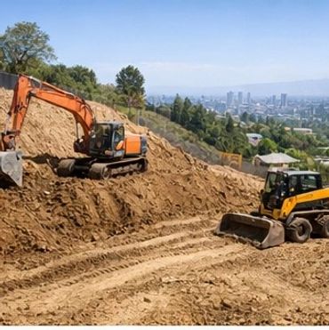Construction site with excavator and bulldozer working on a dirt hill.