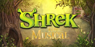 Shrek The Musical logo in a forest setting.