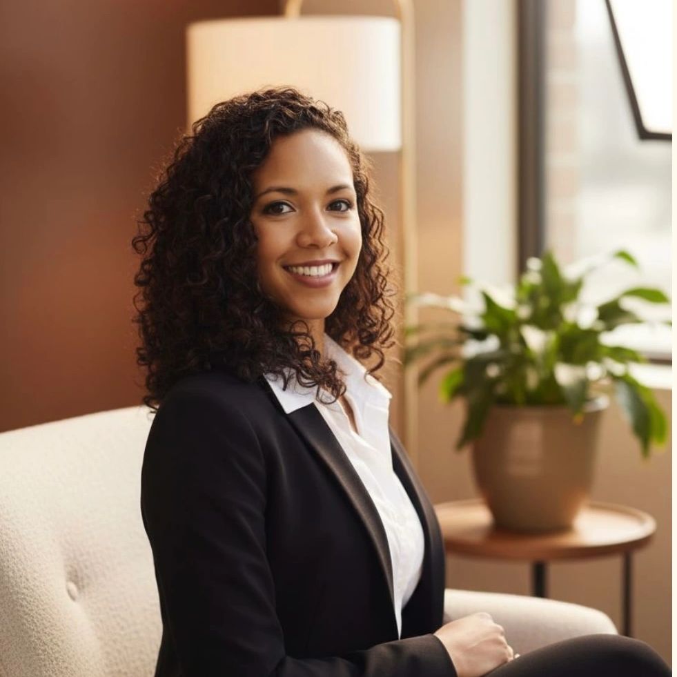 Confident woman in business attire smiling while seated indoors.