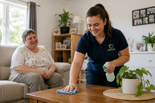 A caregiver cleaning a table while an elderly woman watches smiling.