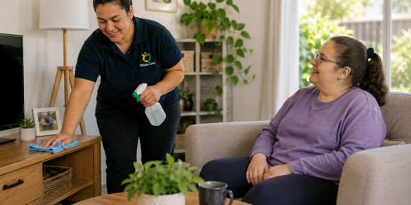 A woman cleans a wooden table while another woman watches.