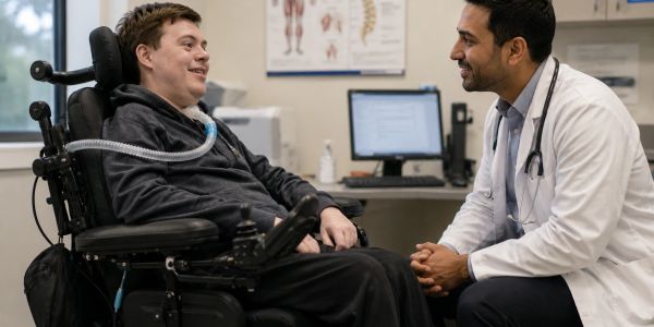 Doctor consulting a male patient in a wheelchair.