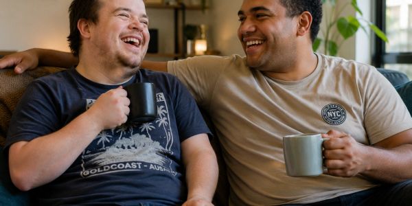 Two friends smiling and drinking coffee together.
