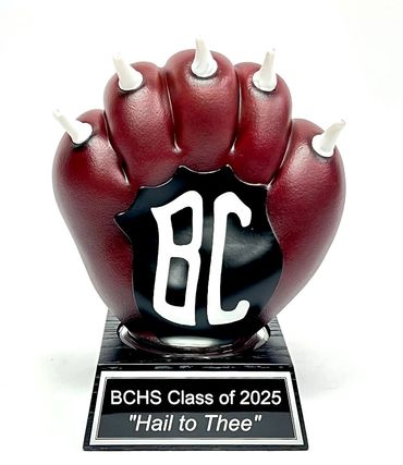 custom Bear Cat paw award on wood base with plaque