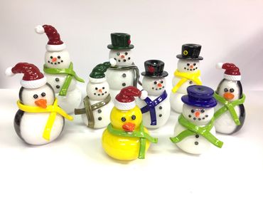 blown glass snowmen, snow ducks, and penguins