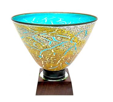 blown glass crackle bowl award on wood base
