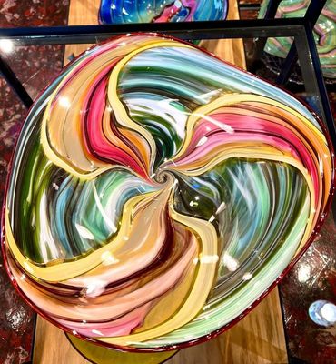 top view of blown glass bowl using glass cane and tile techniques