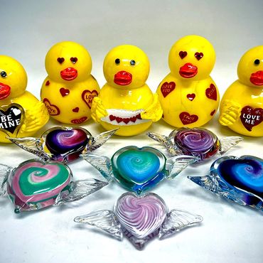 blown glass "love" ducks and hearts with wings