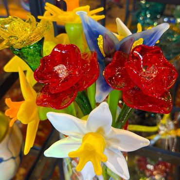 blown glass roses and daffodils