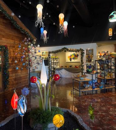 blown glass gallery showing lighting, etc