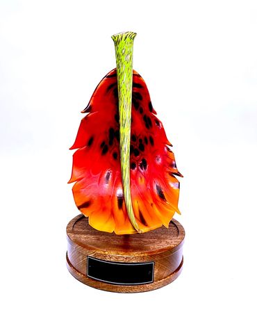 Custom glass leaf on stand with round wood base