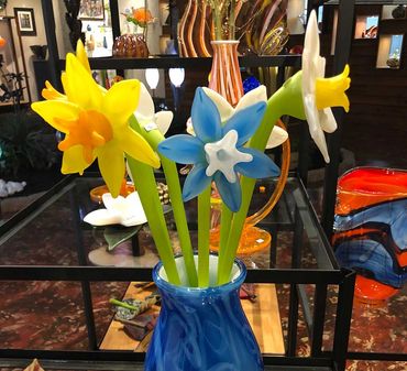 blown glass daffodils in vase