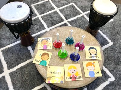 Music therapy equipment including drums, visuals and bells