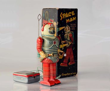 T.N. Nomura Spaceman made in Japan, Cragstan battery operated spaceman, Masudaya Target Robot, Robot