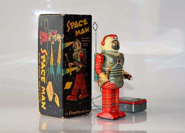 T.N. Nomura Spaceman, tin litho, Japan Cragstan battery operated spaceman with original box, vintage
