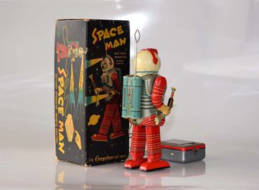 1960's Nomura Spaceman, tin litho, Japan. Cragstan battery operated spaceman with original box