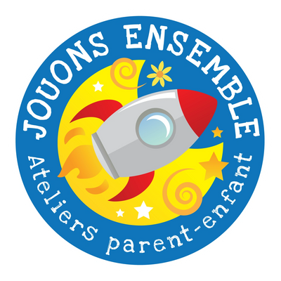Colorful logo with a rocket and French text about parent-child workshops.