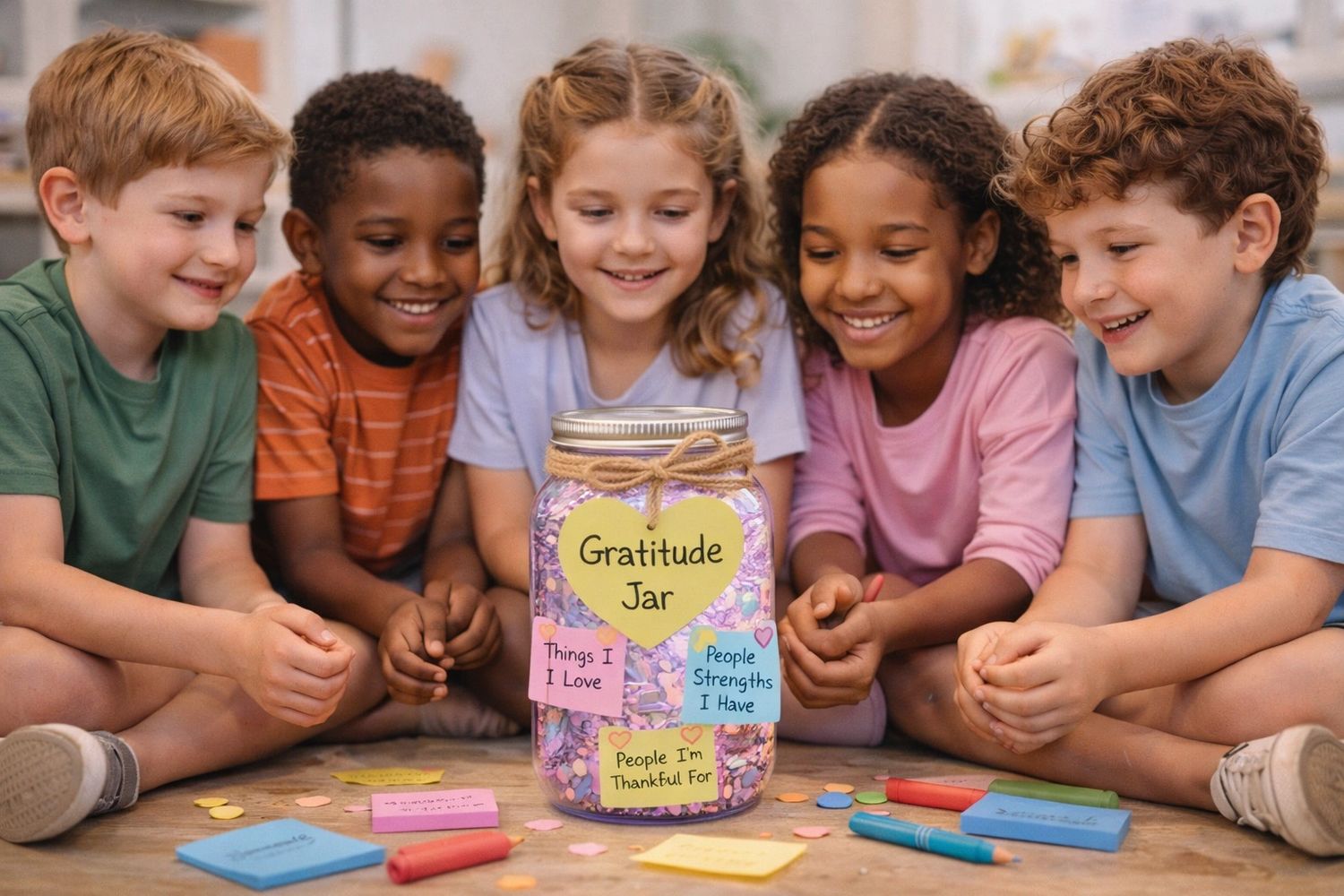 “A diverse group of young children sitting together, smiling and engaging in a safe environment.