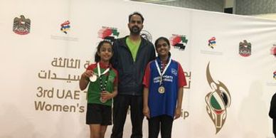 Winners Cecily right and 2 nd Runners-up Spriha left in 3rd UAE Table Tennis women's Tournament 2019