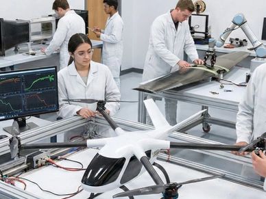 Engineers in lab coats testing a drone prototype in a high-tech lab.