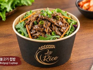 Bulgogi cup with marinated beef and vegetables.