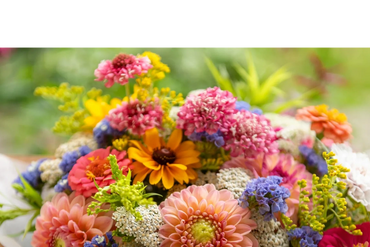 A vibrant bouquet of assorted colorful flowers wrapped in paper.