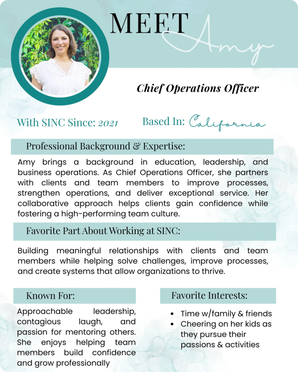 Bio for Amy Leney, the Chief Operations Officer at SINC.